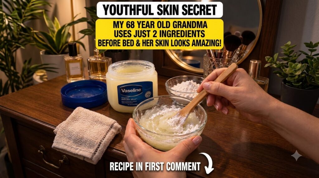 Hands mixing Vaseline and white powder in a glass bowl with a wooden spoon on a wooden surface with a large Vaseline jar