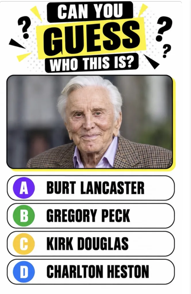 An elderly Kirk Douglas smiling warmly as seen in the quiz image