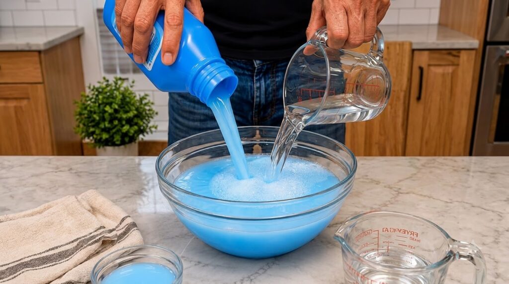 Manos mezclando ingredientes líquidos en un tazón de vidrio con un líquido amarillento y agua clara preparando una bebid