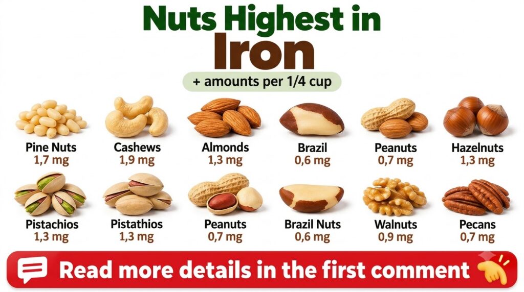 An infographic titled Nuts Highest in Iron displaying nine different types of nuts with their iron content per 1 4 cup a