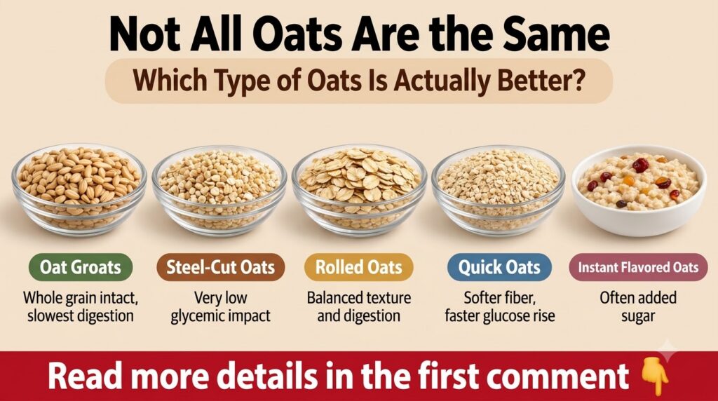 An infographic comparing five types of oats Oat Groats Steel-Cut Oats Rolled Oats Quick Oats and Instant Oats Each type 