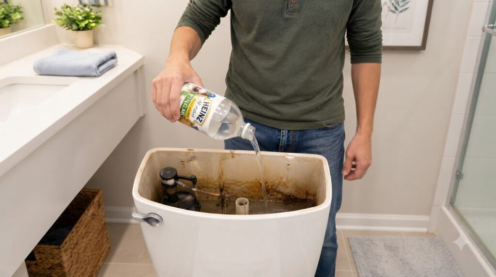 A person pouring white vinegar from a bottle into a dirty toilet tank high-angle shot showing the internal mechanics and