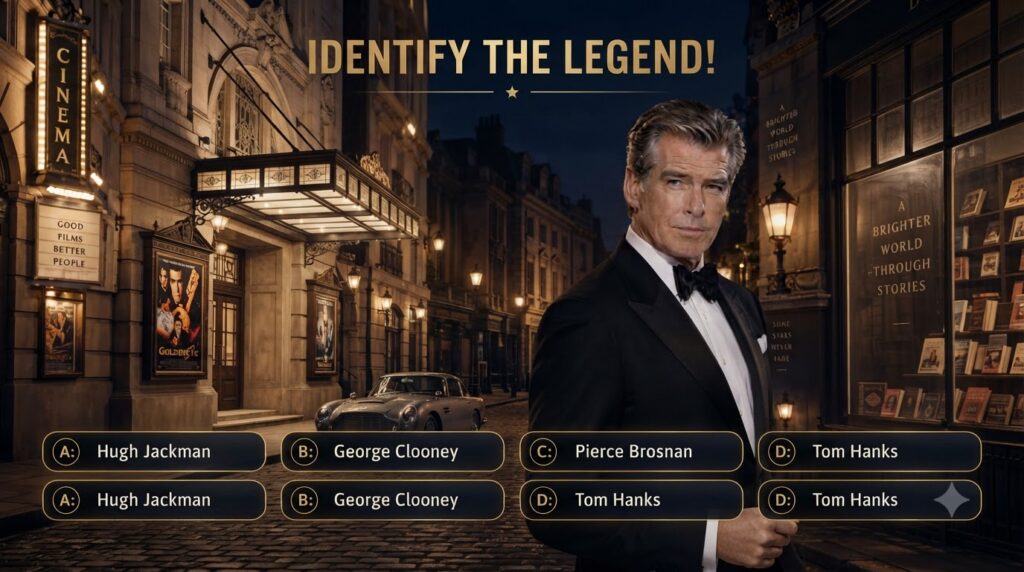 A portrait of Pierce Brosnan in a tuxedo against a stylized nocturnal cityscape background with a cinema marquee and wet