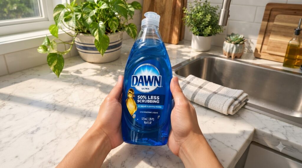 A close-up of hands holding a bottle of blue dish soap like Dawn Ultra in a kitchen with a sink and other kitchen items 