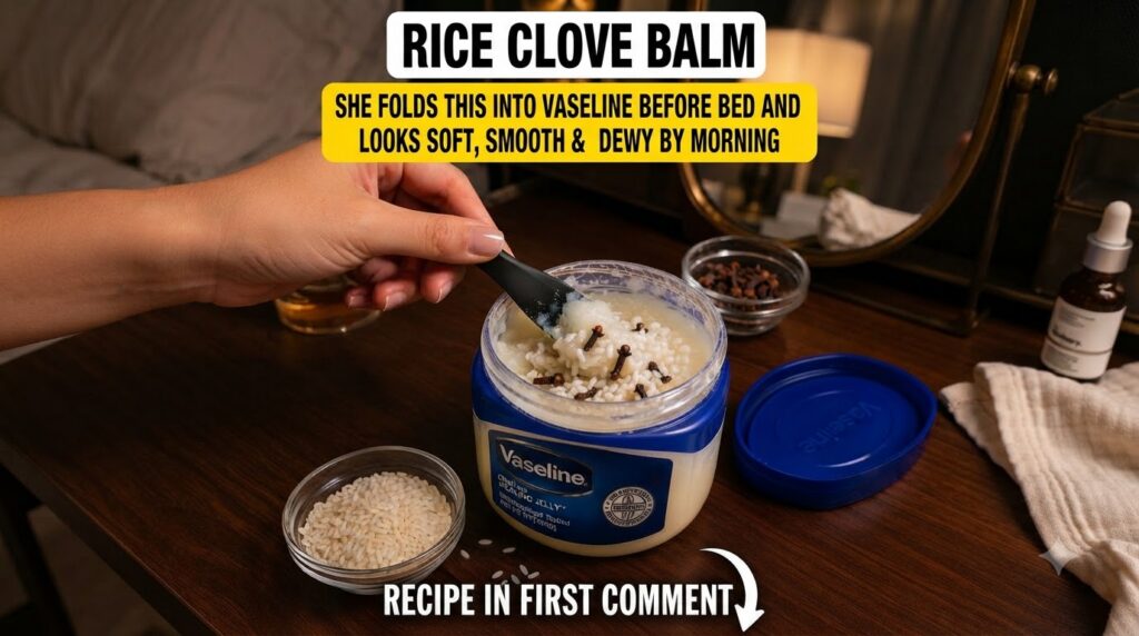 A hand holding a spatula mixing a concoction of Vaseline rice grains and whole cloves in a large plastic jar Smaller bow