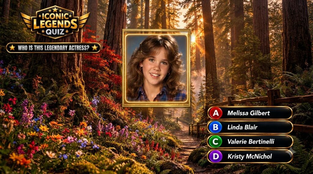 A youthful portrait of actress Melissa Gilbert as seen in a quiz interface with an autumnal forest background