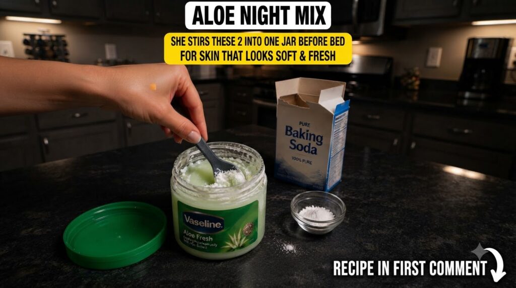 A hand stirring white powder baking soda into a jar of green Vaseline Aloe Fresh gel on a dark countertop with an open b