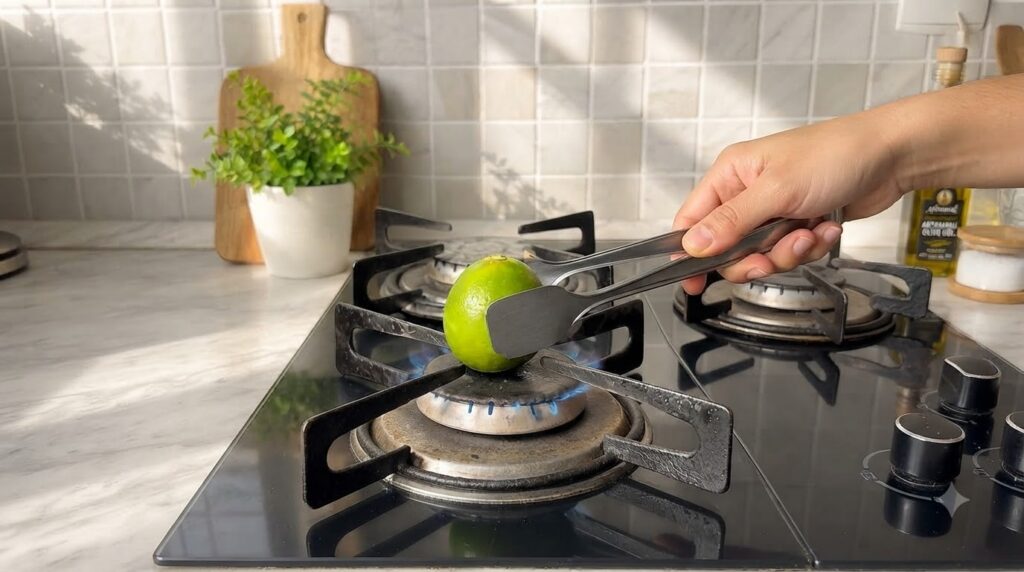 A hand holding tongs gently suspending a bright green lime over a lit gas burner in a modern kitchen The blue flame from