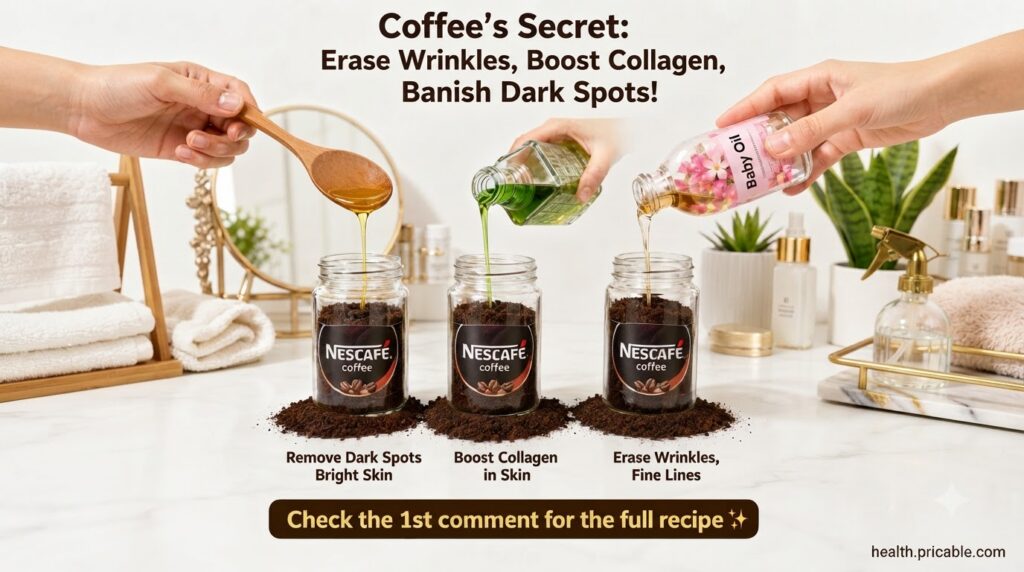 Three jars of coffee grounds with different natural liquids being poured into them representing various DIY skincare rec