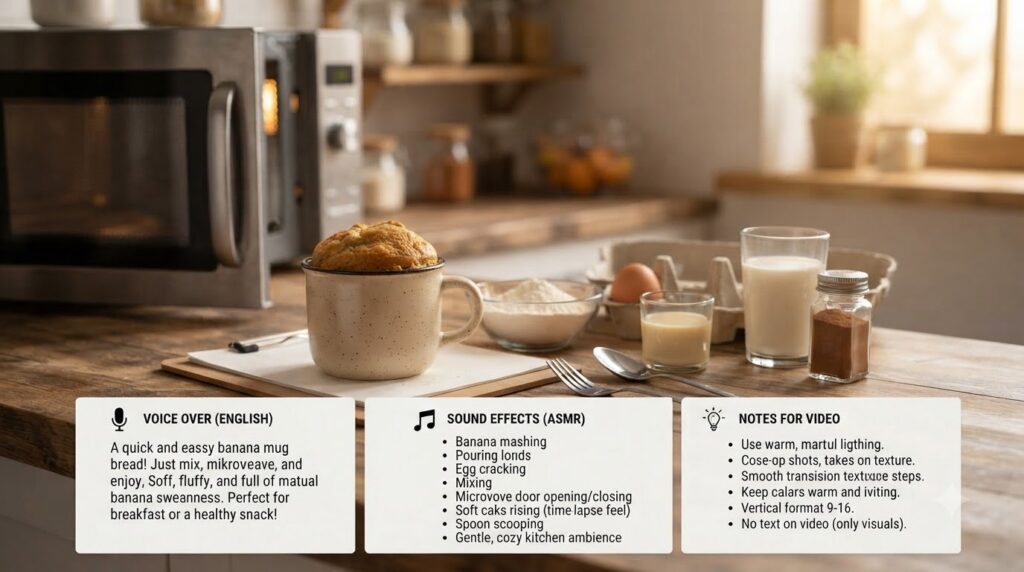A warm freshly baked banana mug bread topped with sliced bananas and crumbs in a decorative ceramic mug with a silver sp