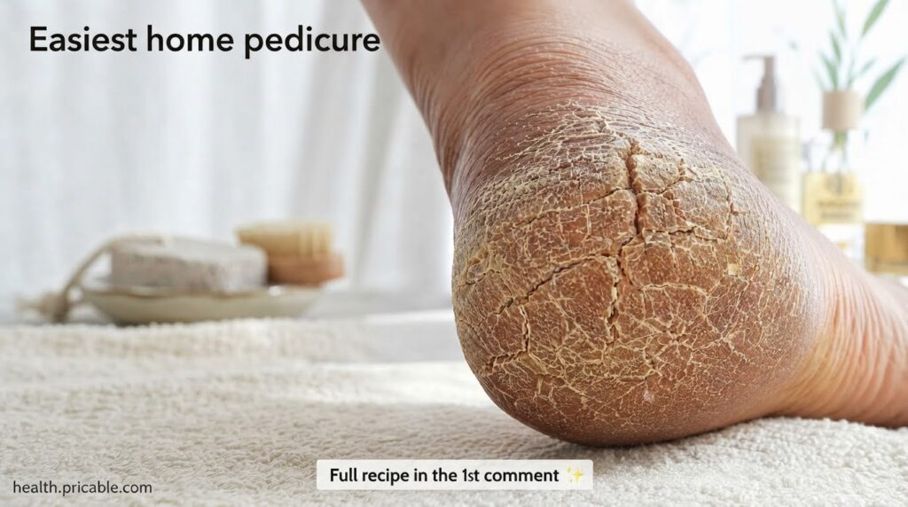 A close-up of a severely dry and cracked heel resting on a white terry cloth towel with a blurred bathroom background