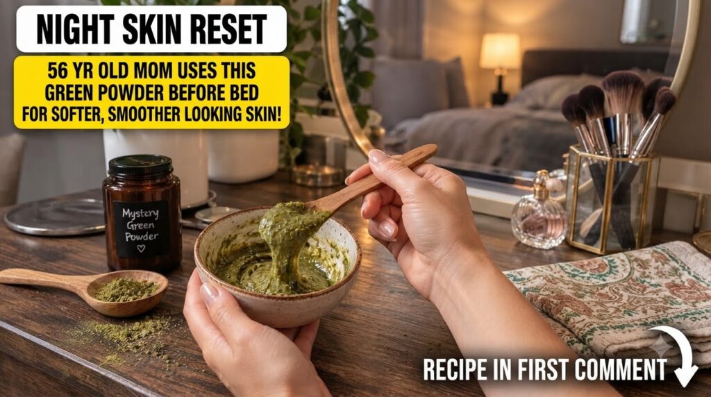 Hands mixing green moringa powder with vaseline in a small bowl with a wooden spoon with a jar of moringa powder and a s