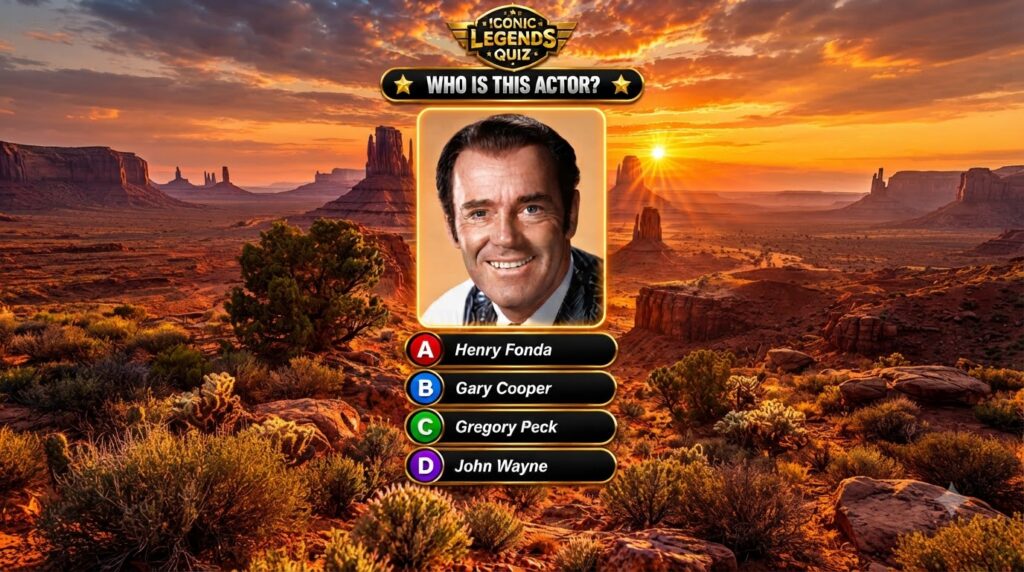 A quiz interface overlaying a vibrant desert sunset scene The central subject is a portrait of Henry Fonda framed by a g