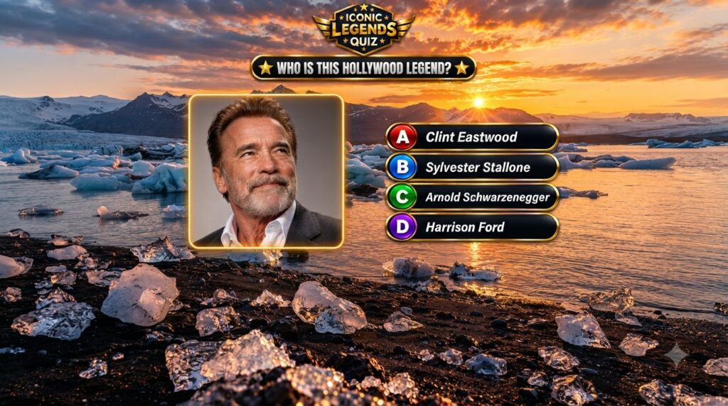 A dramatic portrait of Arnold Schwarzenegger similar to the quiz image with an icy sunset-lit mountainous landscape in t