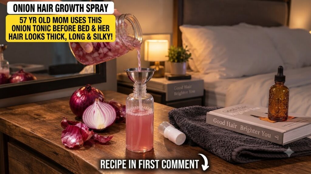 A hand pouring pink onion-infused liquid from a large jar into a smaller spray bottle using a funnel Red onions are on a