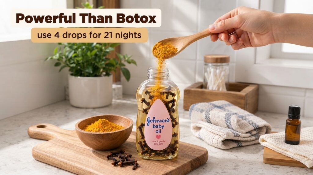 A bottle of Johnson s baby oil infused with cloves with turmeric powder being carefully poured into it from a wooden spo