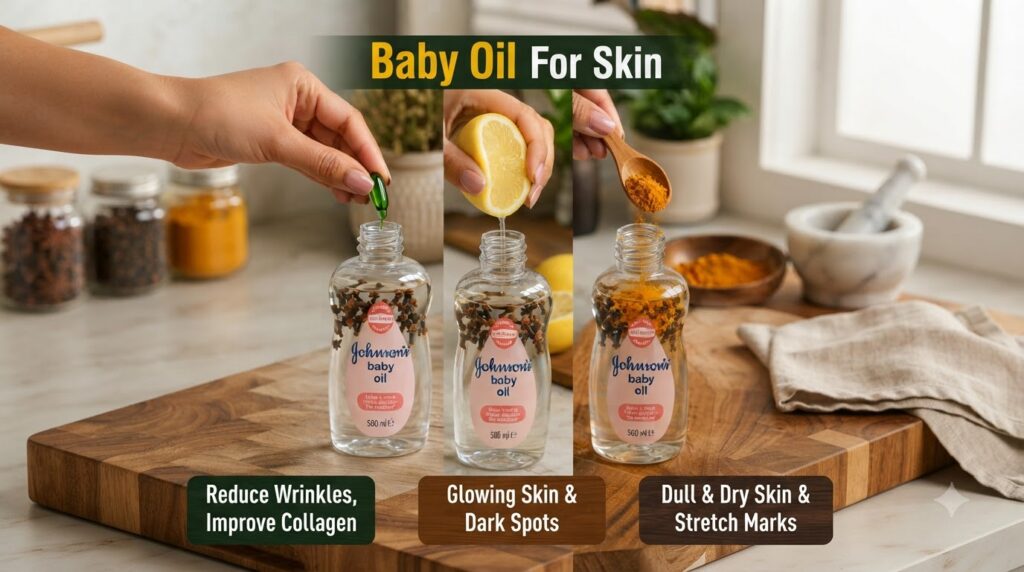 A three-panel collage showcasing hands adding different natural ingredients to bottles of Johnson s baby oil which also 
