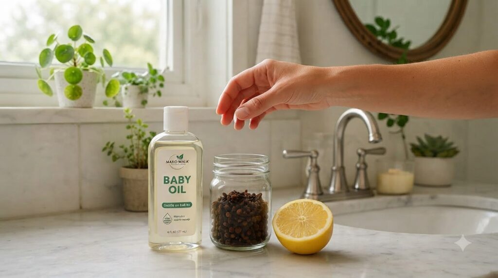 A bottle of baby oil next to a glass jar of cloves and half a lemon on a marble counter with a hand reaching in the fram