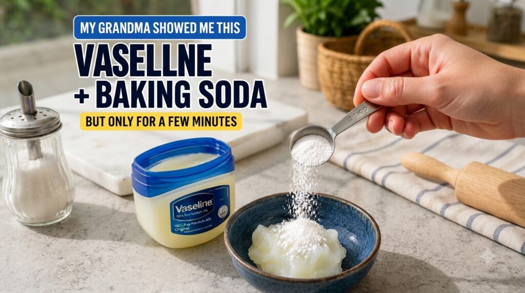 A hand pouring white baking soda powder from a measuring spoon into a blue bowl containing translucent Vaseline with a t