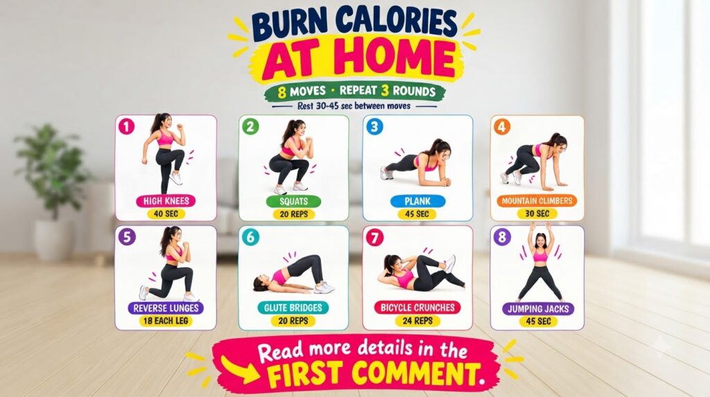 An infographic illustrating an 8-move home workout routine featuring a woman demonstrating each exercise in athletic wea