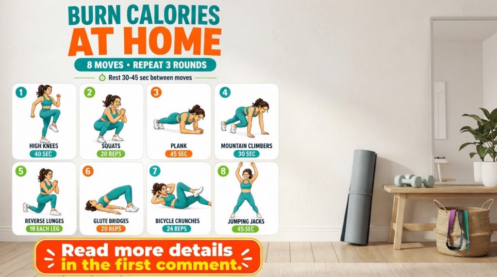 An infographic titled BURN CALORIES AT HOME detailing an 8-move 3-round home workout routine It should show cartoon illu