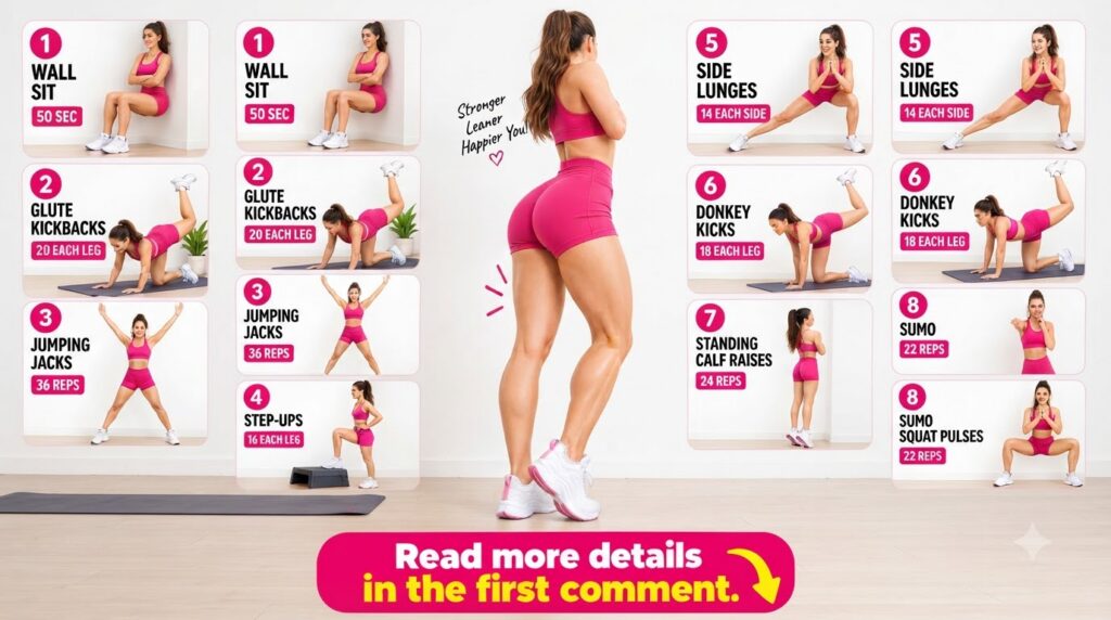 A fitness infographic showing a woman demonstrating 8 leg-toning exercises A large central image highlights her toned le