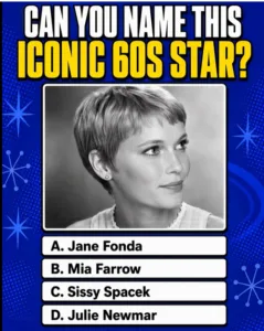 Black and white portrait of a young Mia Farrow with a pixie cut against a retro blue background with starbursts and the 