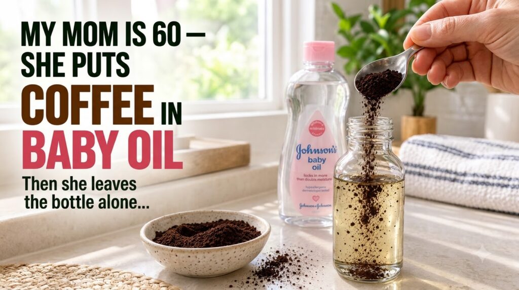 A close-up of a hand pouring coffee grounds into a small glass bottle containing oil with a blurred baby oil bottle and