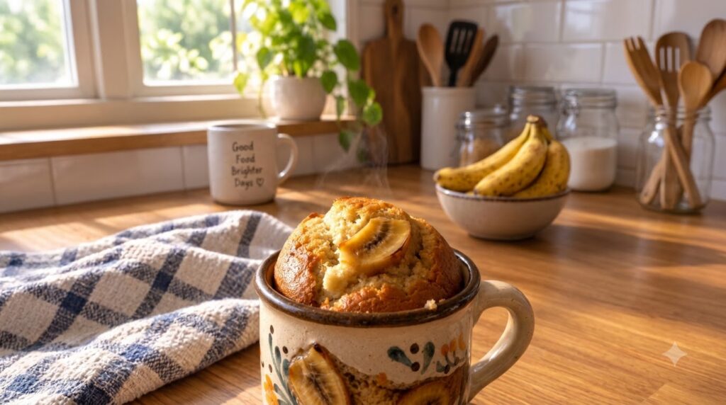 A freshly baked vegan banana bread slice in a decorative mug garnished with a caramelized banana slice with steam gently