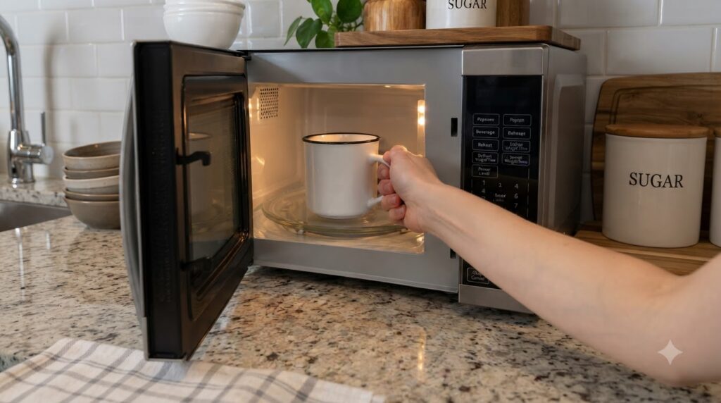 A hand placing a white mug inside a brightly lit microwave showing the warm glow and anticipation of a cozy drink