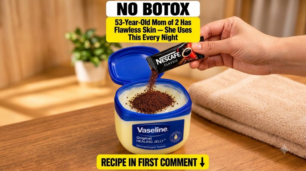 A close-up of a hand pouring instant coffee granules from a Nescafé sachet into an open tub of Vaseline Original Healing