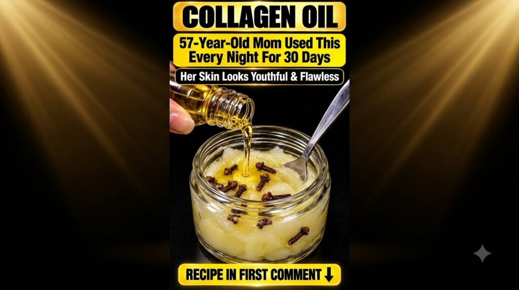 A hand pouring golden oil from a ribbed glass bottle into a clear jar containing a translucent jelly-like substance mixe