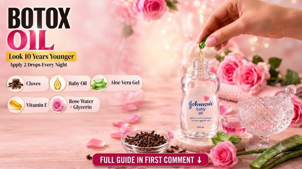 A hand holding a green capsule with a golden oil droplet falling into a bottle of Johnson s baby oil surrounded by clove