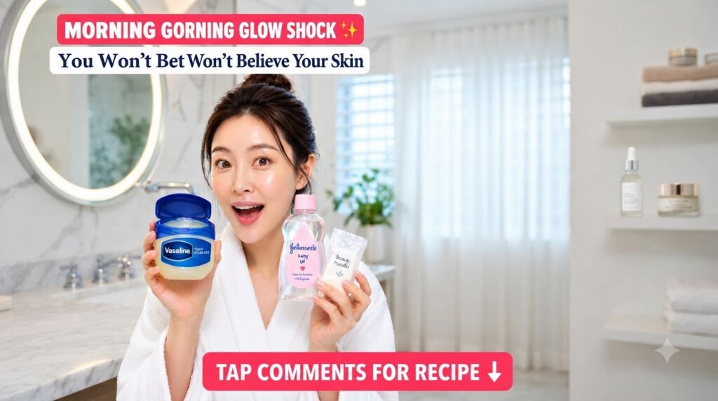 A smiling woman in a white bathrobe holding three skincare products Vaseline Original Healing Jelly Johnson s Baby Oil a
