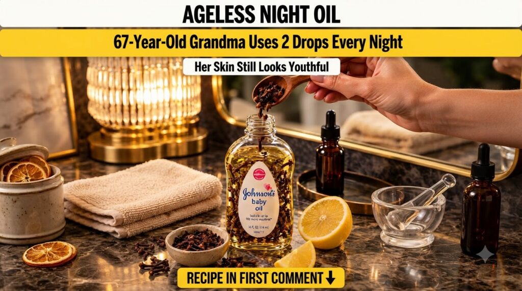 A bottle of Johnson s baby oil with cloves inside a hand dropping more cloves with a wooden spoon surrounded by lemon sl