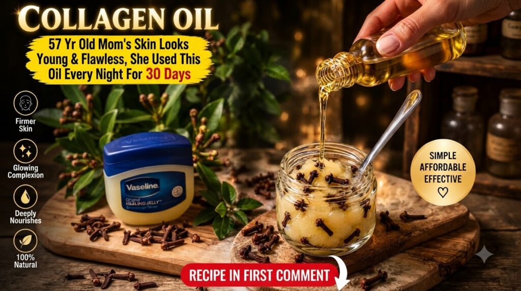 A hand pouring golden oil from a small bottle into a clear glass jar containing dried rose hips and cloves A Vaseline ja