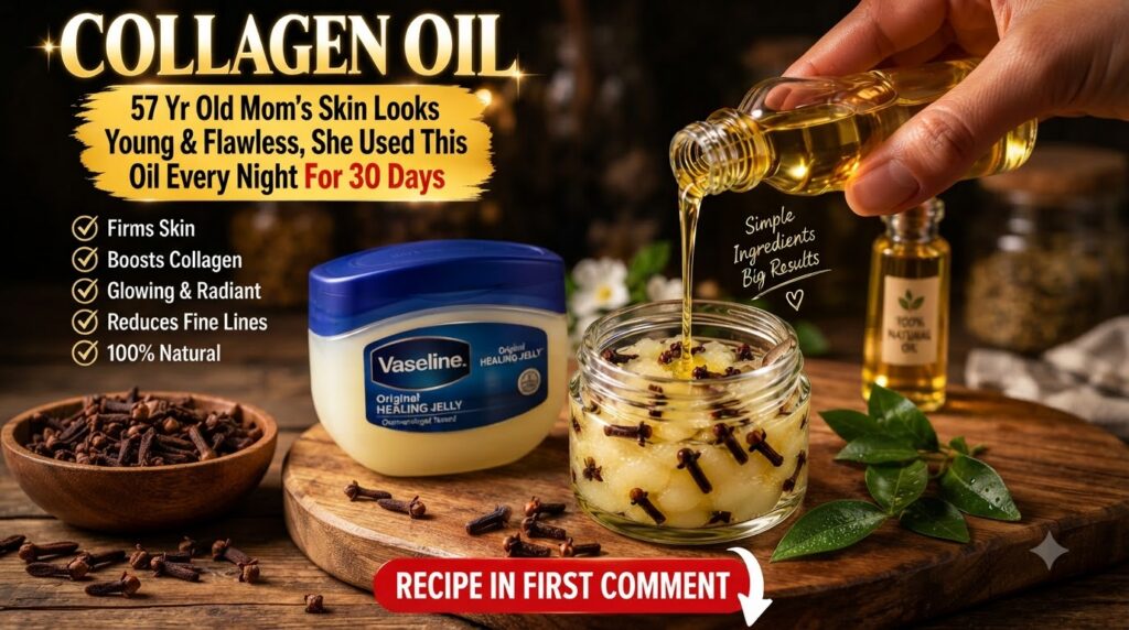 A hand pouring golden oil from a small glass bottle into a clear jar containing a yellowish mixture and whole cloves A t