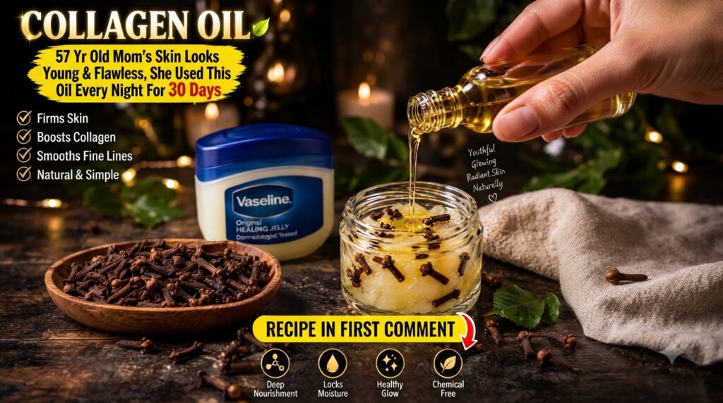 A hand pouring golden oil from a small glass bottle into a clear jar containing a light-colored gel-like substance and w