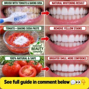 A fresh red tomato next to a small bowl of white baking soda with a ceramic bowl and spoon ready for mixing