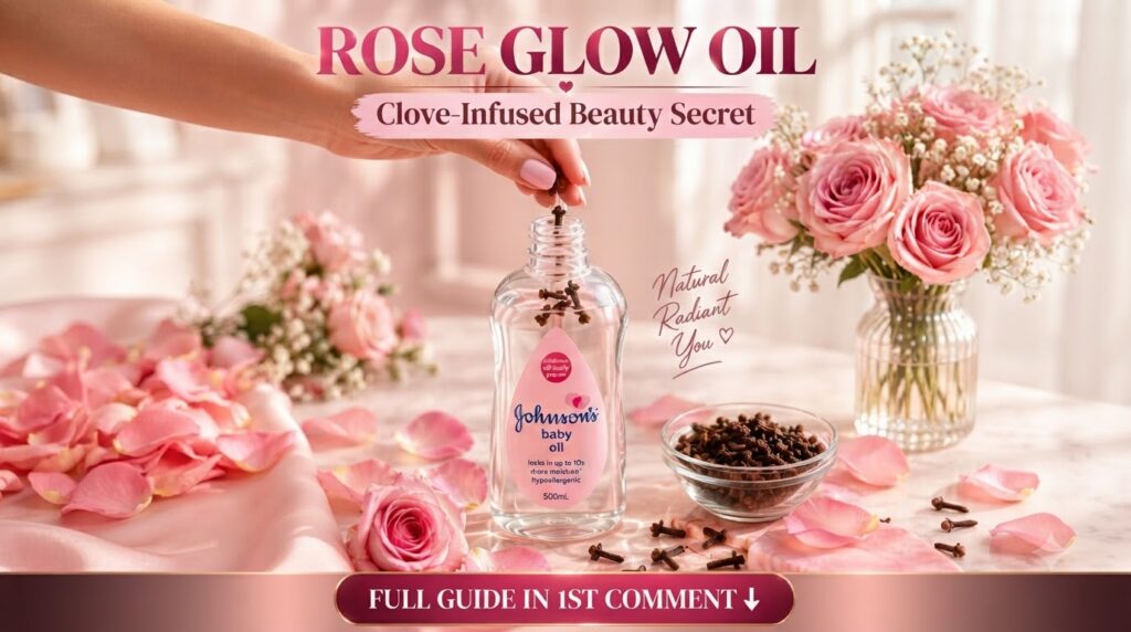 A hand placing cloves into a bottle of Johnson s Baby Oil surrounded by pink roses and petals on a light pink marble sur