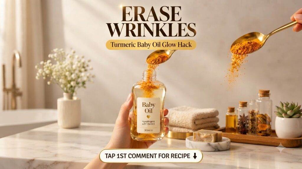 A hand holding a Baby Oil bottle with a golden spoon pouring turmeric powder into the opening