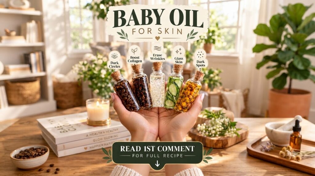 A pair of hands gently holding five small glass bottles each containing different natural ingredients like coffee beans