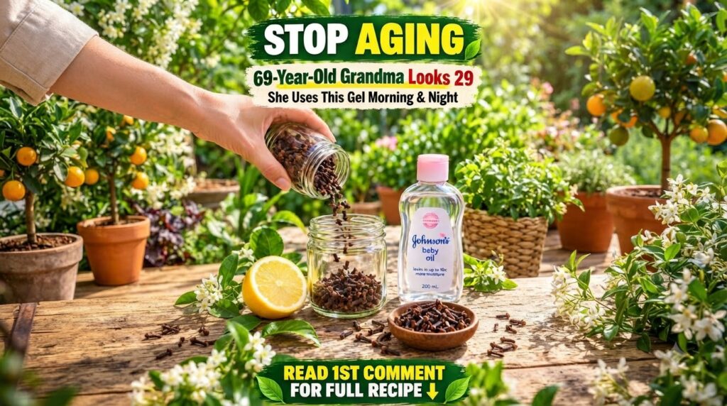 A hand pouring cloves into a jar of oil with a halved lemon and a bottle of baby oil on a rustic wooden surface surround