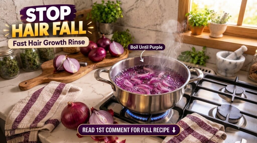 A stainless steel pot on a gas stove filled with purple-tinted boiling water and sliced red onions with steam rising Who