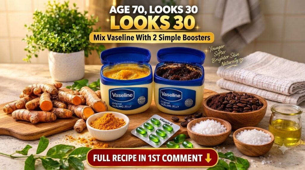 A flat lay of two open jars of Vaseline mixed with turmeric yellow and coffee dark brown surrounded by turmeric roots po