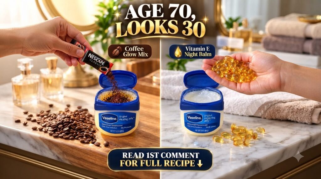 A split-screen image showing coffee granules being poured into Vaseline on one side and Vitamin E capsules held over Vas