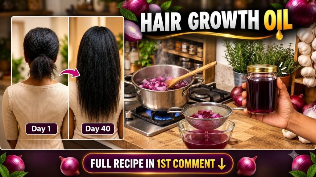 A collage depicting the steps of making onion hair oil including boiling onions straining the liquid a jar of finished o