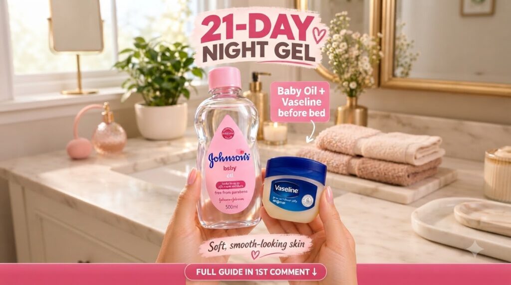 A pair of hands holding a bottle of Johnson s Baby Oil and a small tub of Vaseline Petroleum Jelly against a soft blurre