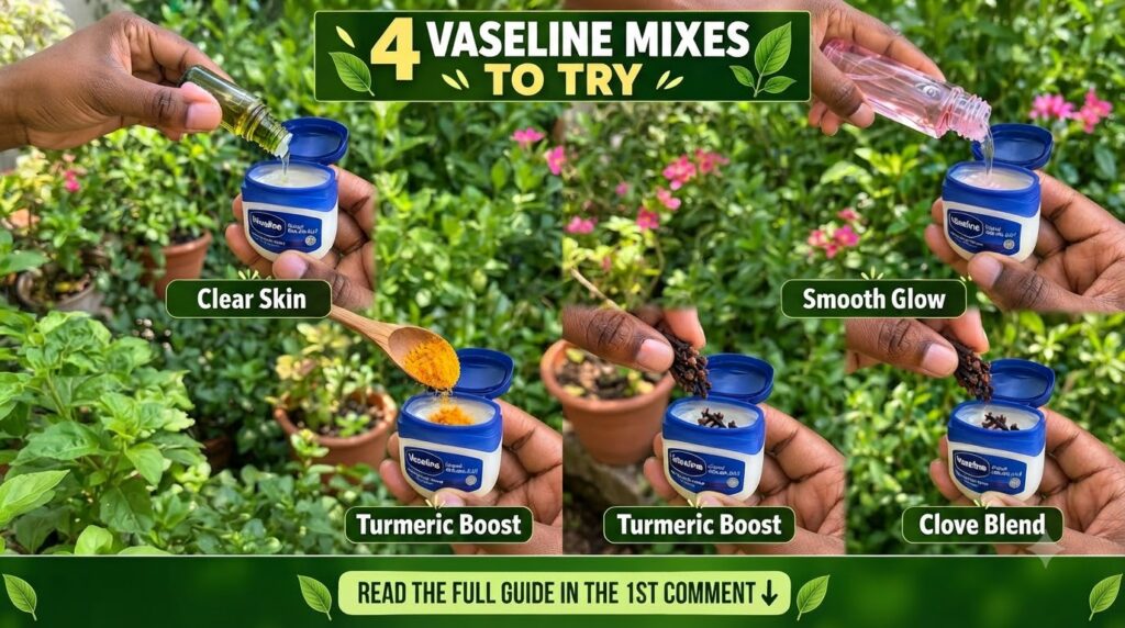 A 2x2 grid showing four hands adding different natural ingredients olive oil rose water turmeric powder whole cloves int