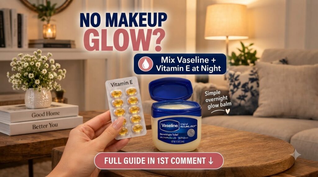A hand holding a blister pack of Vitamin E capsules next to an open tub of Vaseline Original Healing Jelly in a cozy hom